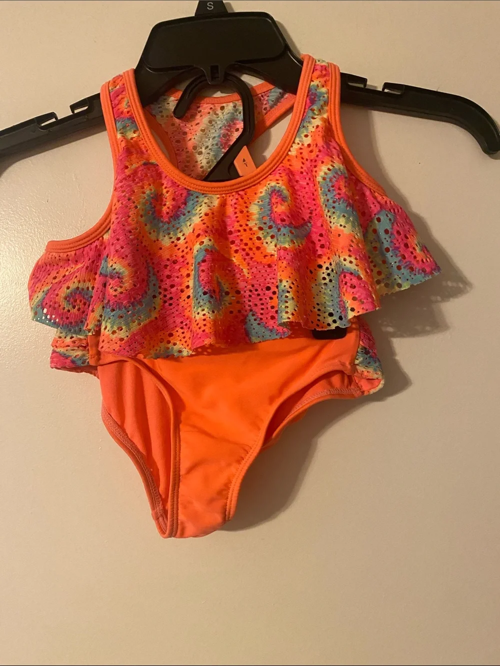 wonder nation Neon Orange Tie-Dye Ruffle Kids Bikini